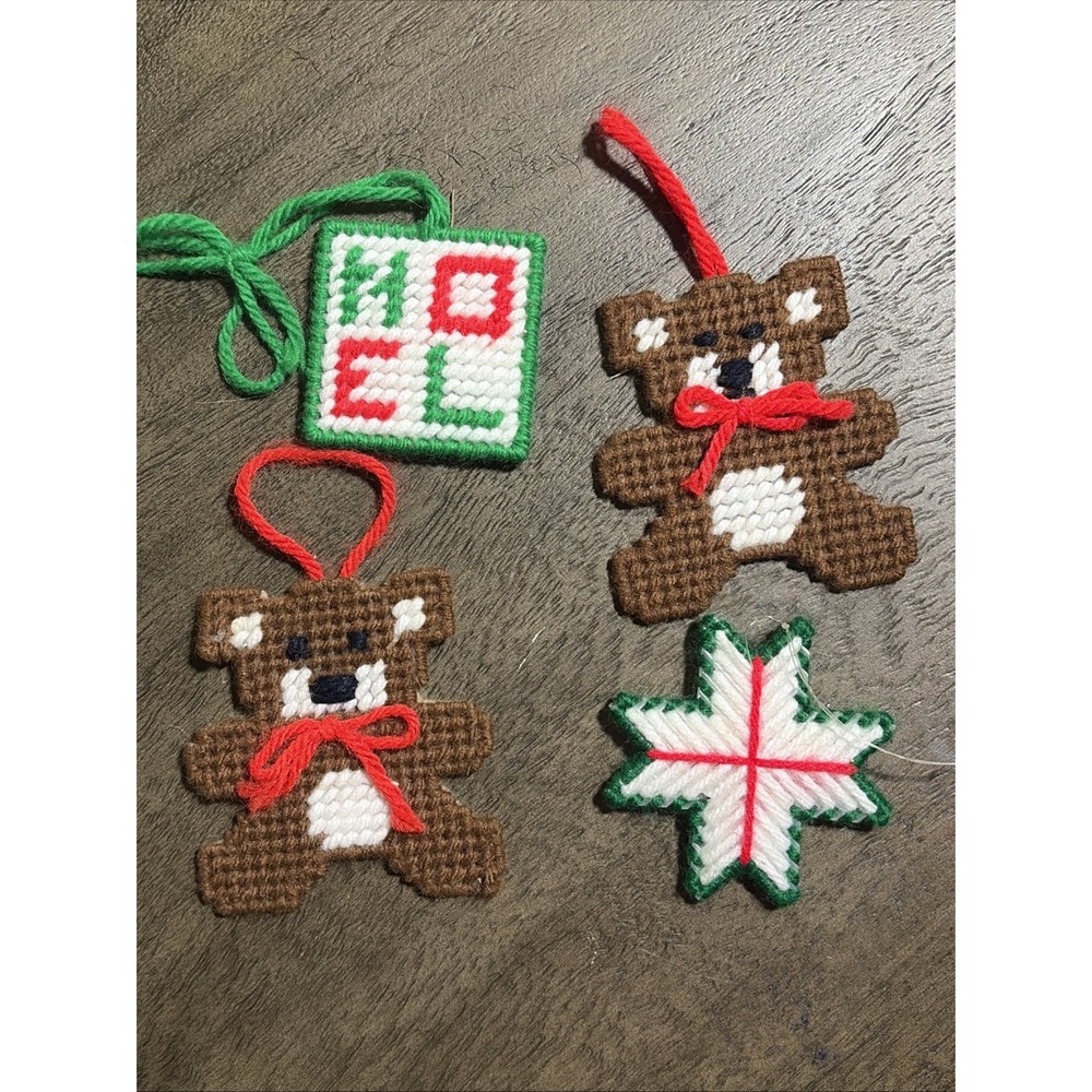 VTG Needlepoint Plastic Canvas & Cross-Stitch Ornaments Lot 4 Teddy Bear Noel